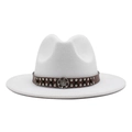 Close-up of white wool felt jazz hat featuring leather band with studs and metal badge - M / White