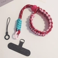 Adjustable braided phone wrist strap in pink and red with grey connector pad - Short [Red & Pink] Adjustable Braided Lanyard + Dark Gray Patch + Small String