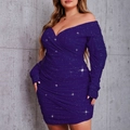 Robe de soirée mini violet foncé moulante en tissu pailleté avec manches froncées - Violet
