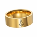Polished 8mm gold titanium steel Freemason ring featuring black G symbol on white background - US 7 / Gold