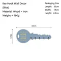 Vintage blue wooden key-shaped wall hook with five metal hangers and Home Sweet Home print - Blue