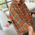 Fashionable orange and green plaid scarf with tassels for winter warmth and styling - Orange Plaid