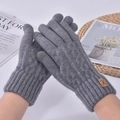 Grey knit winter gloves for men featuring thermal fleece lining and a deer leather patch - One Size / Light Gray