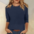 Women's solid navy blue round neck t-shirt with three-quarter sleeves in slim fit - S / Navy Blue
