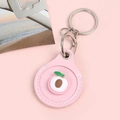 Pink faux leather access card holder with 3D peach design and silver keychain - Snap Button Style - Round Peach
