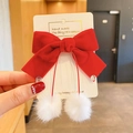 Red velvet bow hair clip with white fuzzy pom poms and rhinestones for girls - Style 13: Red Velvet Bow with Fur Balls (1pc)