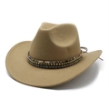 Khaki wool felt western cowboy hat with ethnic patterned band and gold studs - M (56-58cm) / Camel