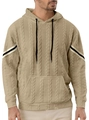 Nahaufnahme des khakifarbenen Strickpullis mit Zopfmuster und gestreiften Ärmelbündchen - S / Khaki