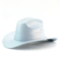 Light blue western cowboy hat with silver shimmer finish and wide brim for parties - Blue