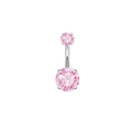 Silver belly button ring featuring double round pink cubic zirconia in a prong setting - Pink Double Round