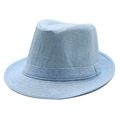 Vue détaillée d'un chapeau fedora bleu clair en fibres tressées respirantes - M (56-58cm) / Bleu ciel