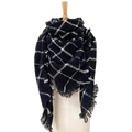 Women's plaid triangle scarf in black and white check with decorative fringe trim - Large Black and White Plaid