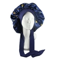 Dark blue satin sleep bonnet with butterfly print and adjustable long ribbon ties - Navy Butterfly