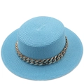 Close-up of sky blue flat top straw hat with a thick gold chain decoration - M (56-58cm) / Sky Blue Style (07)
