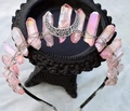 Handmade pink crystal moon tiara with silver crescent moon on a black headband - Pink Crystal + Silver Moon