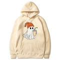 Beige Halloween hoodie with a cartoon ghost holding coffee on a white background - Khaki