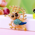 Golden owl keychain with blue crystals and enamel detailing on a metal branch - A430 Owl J Blue
