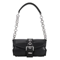 Sac baguette rétro noir avec anneaux argentés, boucle métallique et bandoulière chaîne - Noir