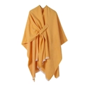 Close-up of yellow knit shawl with unique twist knot design and fringe detail - Yellow