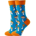 Blue crew socks featuring orange mushroom patterns with contrasting orange toe and heel - Size 35-42 / Blue Mushroom