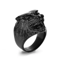 Gros plan détaillé d'une bague tête de loup noire hurlante avec finition métallique polie - US 8 / Noir
