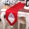 Christmas red table runner featuring gray gnome figures on a white dining table - Red Forest Man Style