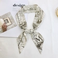 Narrow silk scarf with nautical map print and letter M detail for hair or bag decor - Style M (White/Grey Nautical Map)