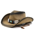 Detail of woven straw cowboy hat with ethnic turquoise beaded band and chin strap - Khaki Black Gradient