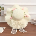 Creamy white straw sun hat featuring pink tulip flowers and a large white lace bow - Three Flower Decoration - Creamy White