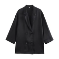 Detail of double-breasted black blazer showing satin texture and stitching on flat lay - S / Blazers / Black