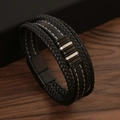 Detailed macro of black braided leather multi-layer bracelet with stainless steel magnetic clasp - Black/Matte Black