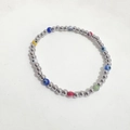 Silver beaded elastic bracelet with colorful evil eye charms in polished finish - Mixed Color Eye - Silver