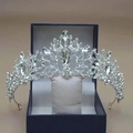 Elegant silver bridal tiara with sparkling rhinestones in a blue velvet jewelry gift box - Silver White Crystal Crown