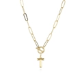 Detail of gold paperclip chain necklace with toggle clasp and letter T pendant - Letter T