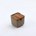 Single brown square ceramic seasoning jar with a wooden lid and spoon for kitchen salt storage - Type B Square Ceramic Jar Single