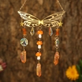 Golden butterfly suncatcher with stars, orange mushrooms and rainbow crystal prisms - Gold Wings + Red Aventurine