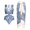 Blue and white floral bikini set with matching sarong and elegant cream-colored belt - V-Neck Cut-Out One-Piece Swimsuit With Sarong