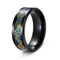 8mm black titanium steel ring with gold gears and blue carbon fiber inlay steampunk style - US 7 / Black Plated + Blue Carbon Fiber