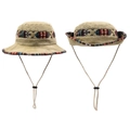 Detailed views of khaki outdoor bucket hat with ethnic pattern band and chin strap - One Size / Khaki