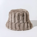 Detailed view of the vertical stripe faux fur texture on a warm winter bucket hat - M (56-58cm) / Khaki