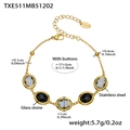18k gold plated stainless steel bracelet with black and grey oval glass stones - 17+5cm / Black Glass Stone Gold Bracelet
