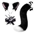 Detail view of plush black cat ears, long tail, and lace collar with bell party set - Black Pink Inner + Large Bell Lace Choker + Black White Tail