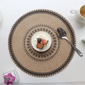Round jute placemat with black geometric patterns and rustic tassel edge detail - Type Q No Fringe