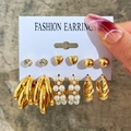 6-pair set of gold earrings featuring hearts, pearls, and rhinestone hoops on card - Gold Geometric Hoop Rhinestone Set (54047)