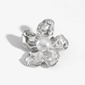 Silver geometric flower brooch with textured petals and a central pearl accent - Silver 5-Petal Crinkled Pearl Flower (PX001) / Silver