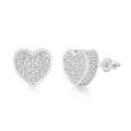 Detail view of heart stud earrings with silver pave zircon and secure screw-back closure - Heart Silver