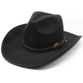 Classic black western cowboy hat with breathable mesh and brown woven leather band - M (56-58cm) / Black