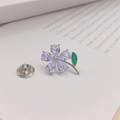 Flower lapel pin with purple cubic zirconia petals and green enamel leaf design - Silver Five-Petal Flower (90161H)