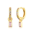 Detail of gold-plated earrings featuring pink rectangular gems and colorful crystals - Gold Pink Zirconia Rectangle Pendant