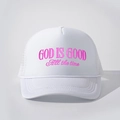Close-up of pink 'GOD IS GOOD' embroidery on a white mesh trucker hat with sponge front - All White / Adjustable